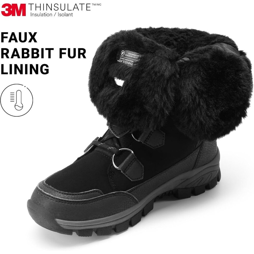 Women’s Black Waterproof Winter Snow Boots Warm Faux Fur Non Slip Mid Calf - Picture 3 of 8